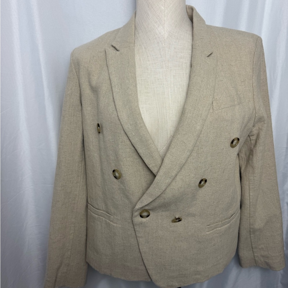 LOFT Linen Blend Blazer Double Breasted Neutral Career Jacket Capsule Office 8